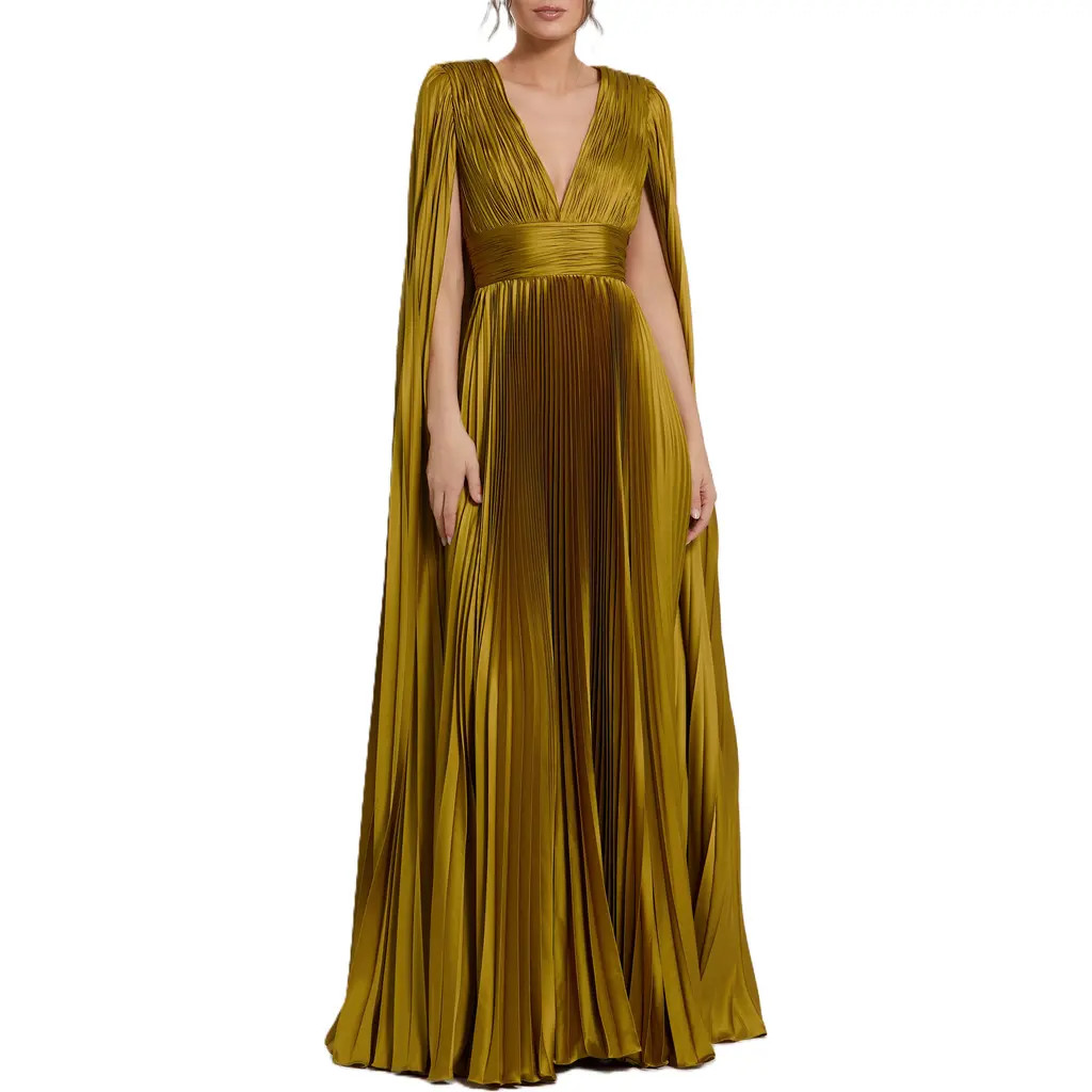 Mac Duggal Pleated Charmeuse V Neck Gown With Cape in Chartreuse at Nordstrom, Size 16 | Nordstrom