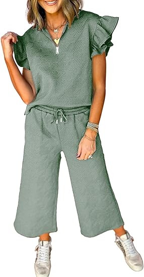 SHEWIN 2 Piece Sets Outfits for Women V Neck Collared Ruffle Short Sleeve Polo Shirts Quarter Zip... | Amazon (US)