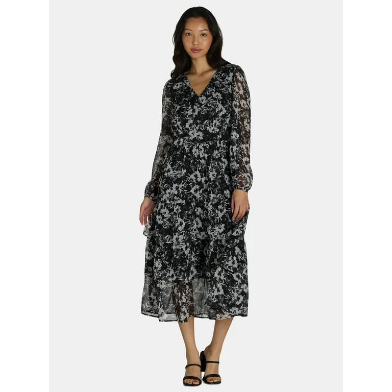Time and Tru Women's and Women's Plus Print Dress with Long Sleeves, Size XS-4X | Walmart (US)