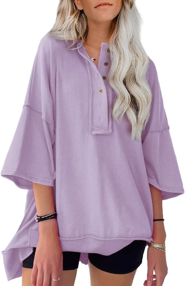 SHEWIN Women's Fashion Oversized T Shirts Casual Short Sleeve Reverse Seam Summer Tops Tees | Amazon (US)