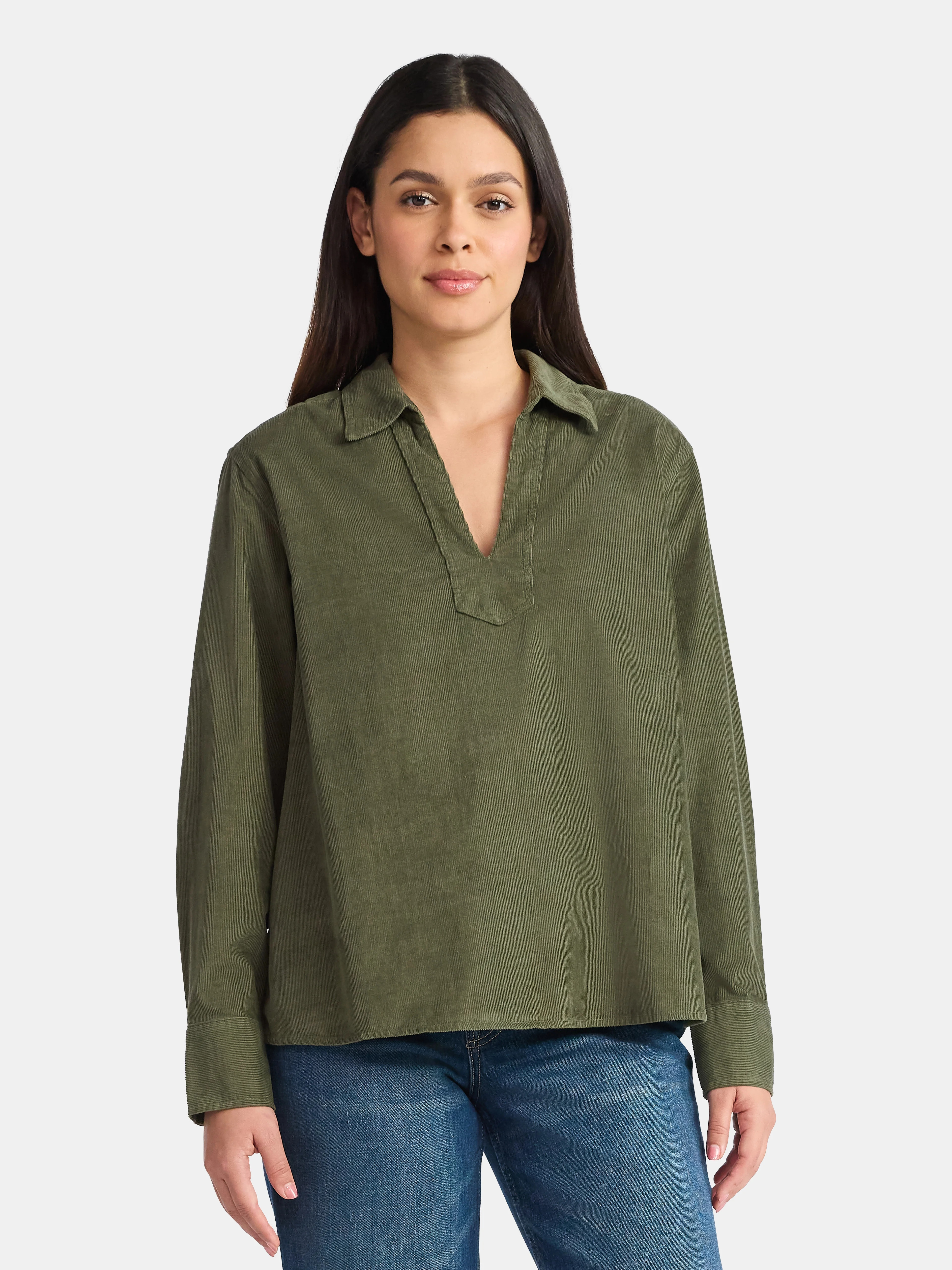 Time and Tru Women's Cotton Corduroy Popover Shirt with Long Sleeves, Sizes XS-XXXL | Walmart (US)