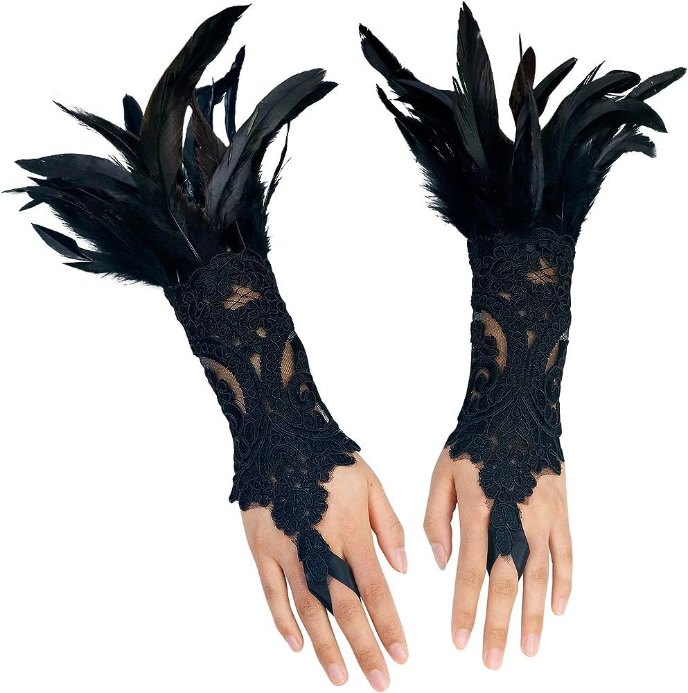 Women's Black Feather Lace Long Gloves Witch Spider Web for Halloween Pack of 2 | Amazon (US)