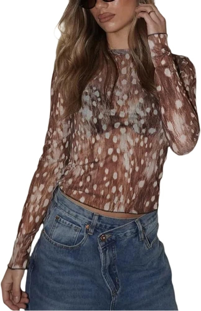 Cute Going Out Tops for Women Sheer Deer Print Long Sleeve Crop Shirts Casual | Amazon (US)