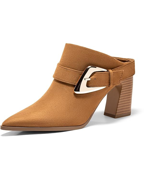 Coutgo Womens Mules Boots Chunky Stacked Heel Pointed Toe Booties Slip On Dress Boot Shoes with B... | Amazon (US)