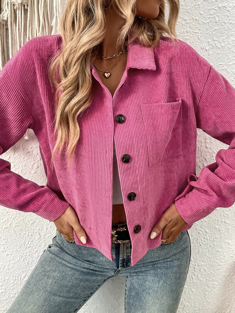 Solid Pocket Front Corduroy Jacket | SHEIN