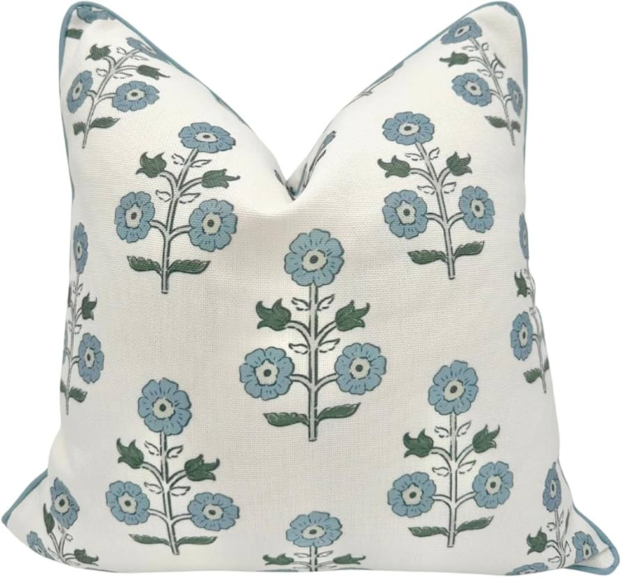 "The Stella” Floral Block Print Pillow Cover – Blue & White Decorative Throw Pillow Cover wit... | Amazon (US)
