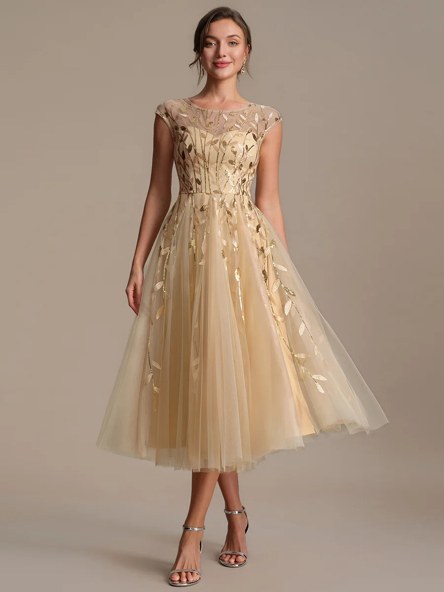 See-through Sequin Cap Sleeve Wedding Guest Dress | Ever Pretty Garment Inc