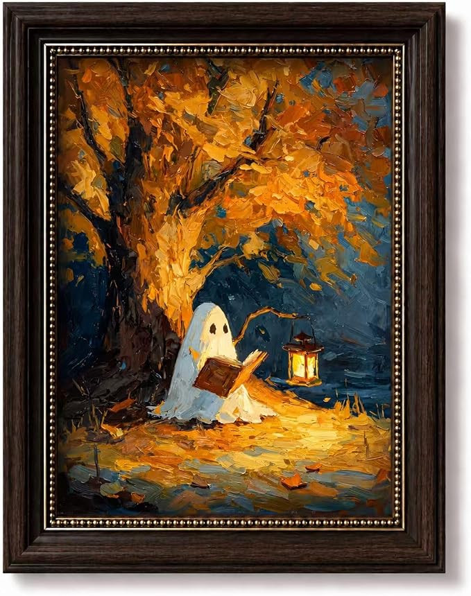 Camgariydan Dark Brown Framed Canvas Wall Art, Cozy Spooky Ghost Reading Book Painting, Dark Acad... | Amazon (US)