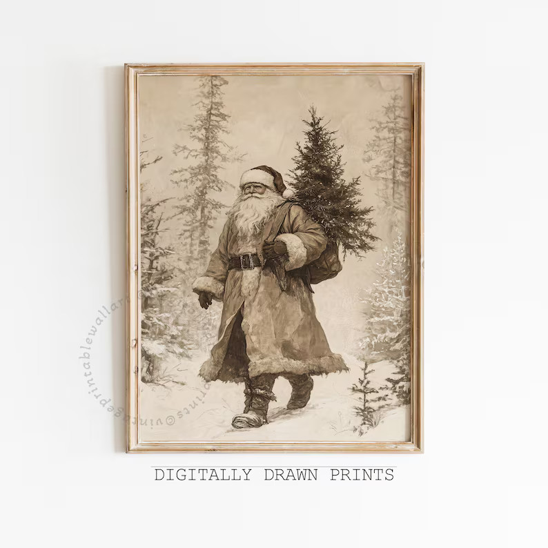 Vintage Christmas Printable Wall Art, Neutral Santa Claus and Christmas Tree Drawing, Cottagecore... | Etsy (US)