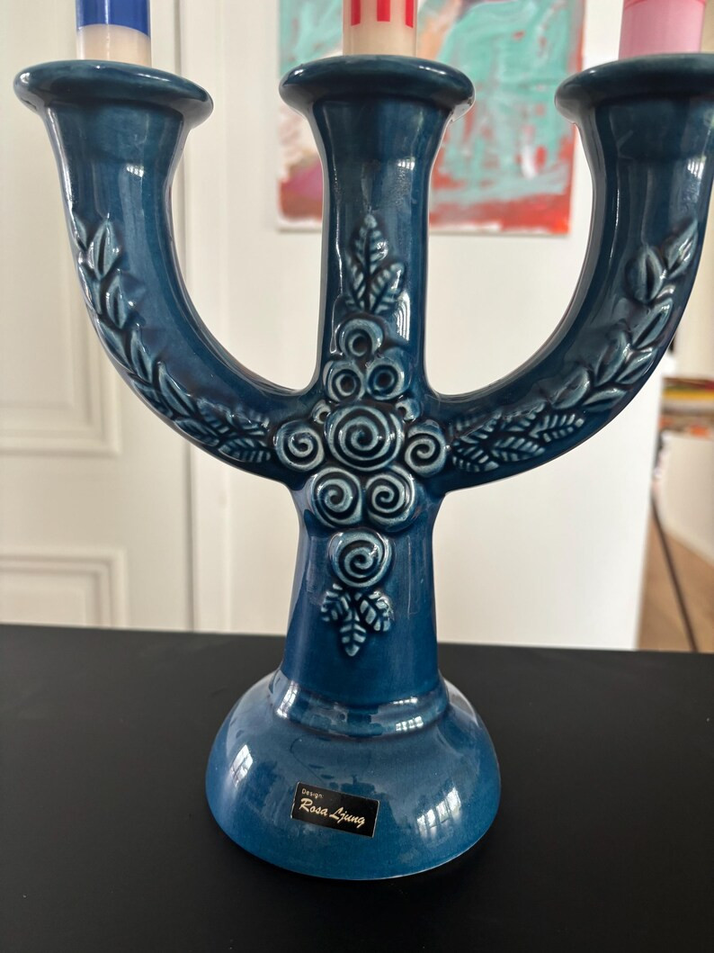 Vintage  Rosa Ljung ceramic Floral Candle holder Sweden Blue candle holder for 3 candles porcelai... | Etsy (US)