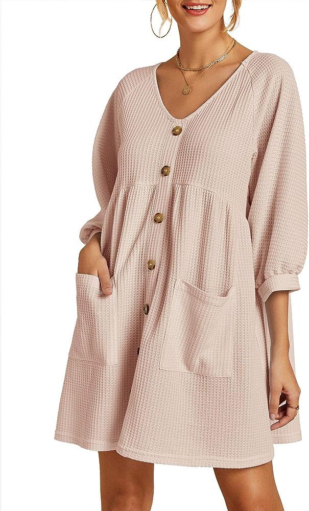Womens Work Casual Babydoll Dresses 3/4 Puff Sleeve Fall Flowy Button Pleated Knit T Shirt Dress | Amazon (US)