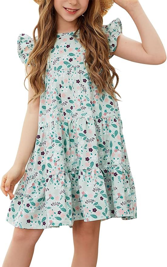 GORLYA Girls Floral Print Ruffle Sleeve Tiered Loose Fit Pleated Swing Midi Dress 4-14T | Amazon (US)
