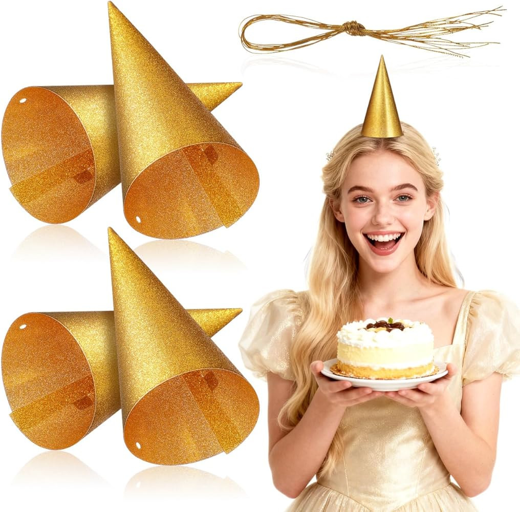 12 Pcs Golden Glitter Birthday Party Hats, Sparkling Cone Hats with Adjustable Elastic Bands, Reu... | Amazon (US)