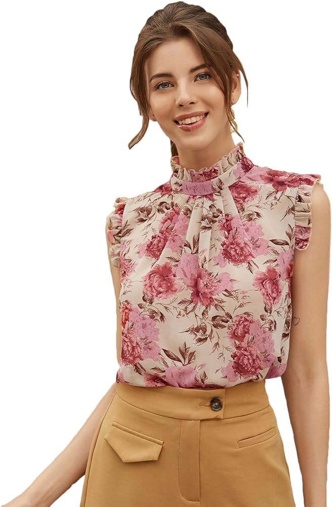 MakeMeChic Women's Floral Print Ruffle Trim Keyhole Back Mock Neck Sleeveless Blouse Multi M | Amazon (US)