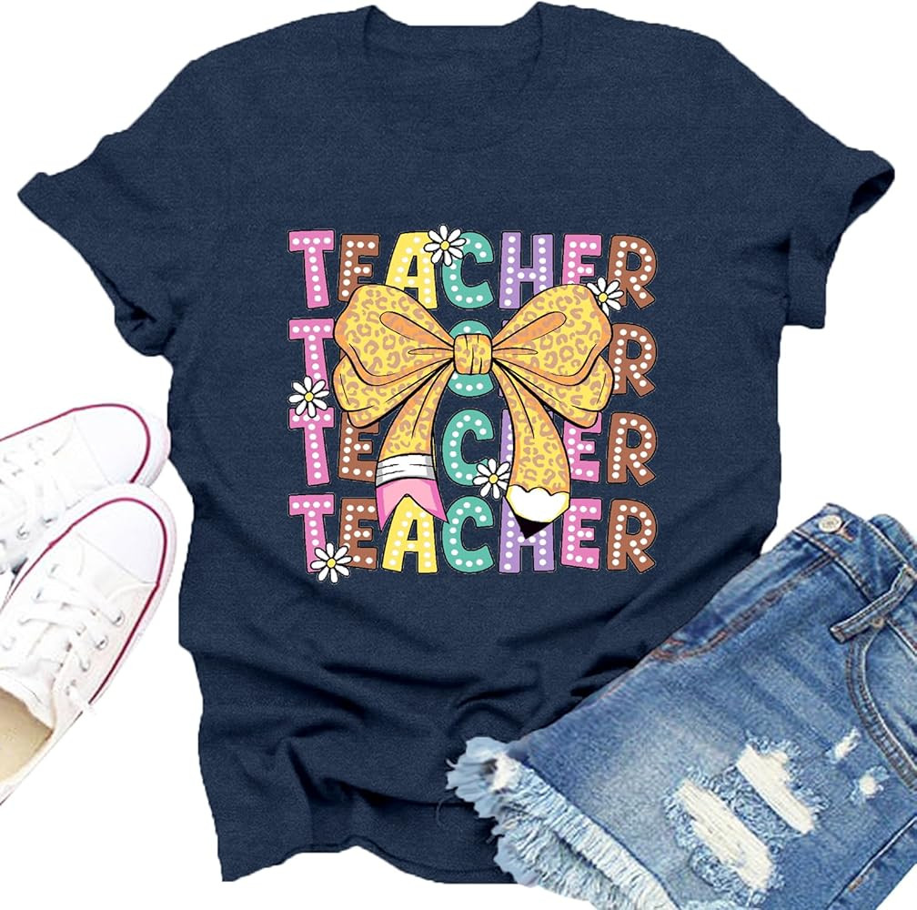 Teacher Shirts for Women Bow Pencil Teacher T-Shirt Teaching Life Tee Tops | Amazon (US)