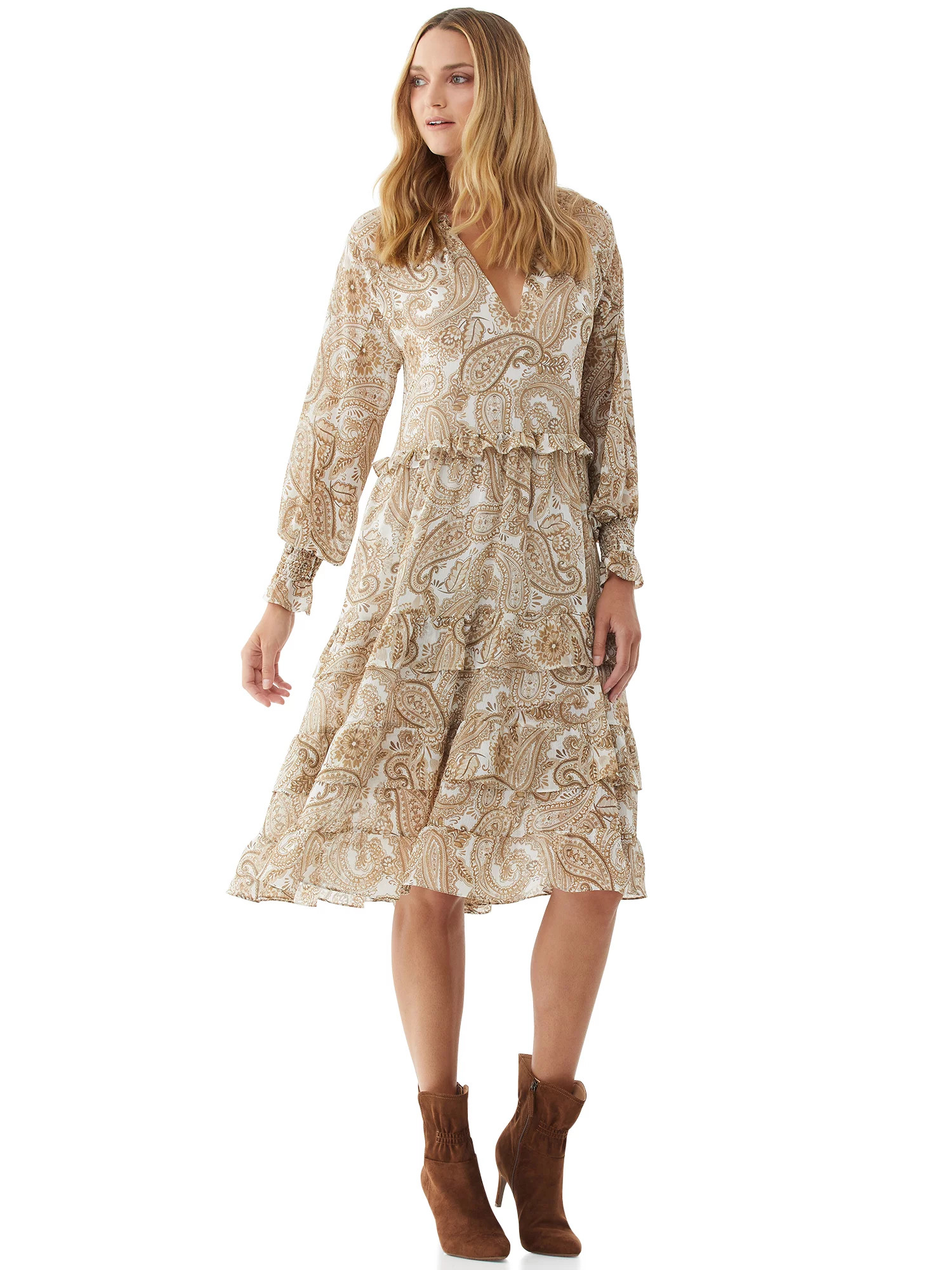 Scoop Women's Printed Tiered Maxi Dress with Long Sleeves | Walmart (US)