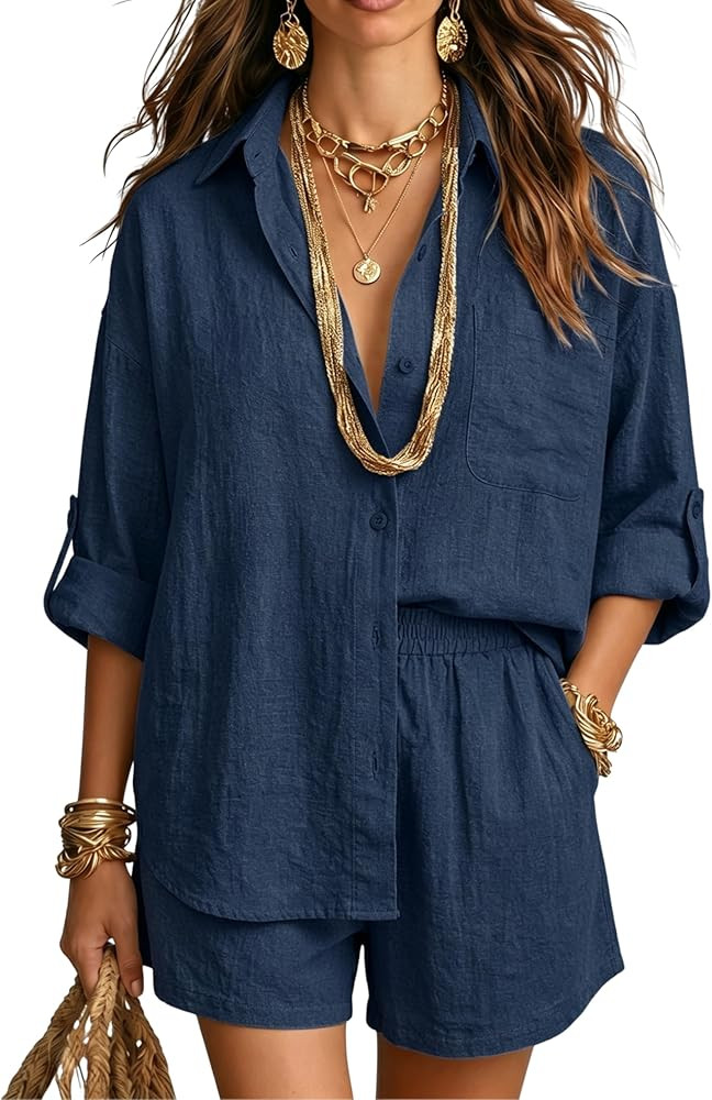 Gozoloma Women's Cotton Linen Set Long Sleeves Shirt & Shorts with Pockets Matching Outfit(Navy-M... | Amazon (US)