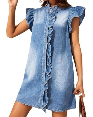 LifeShe Denim Dress for Women Button Down Shirt Dress Ruffle Sleeve Casual Blue Jean Short Mini D... | Amazon (US)