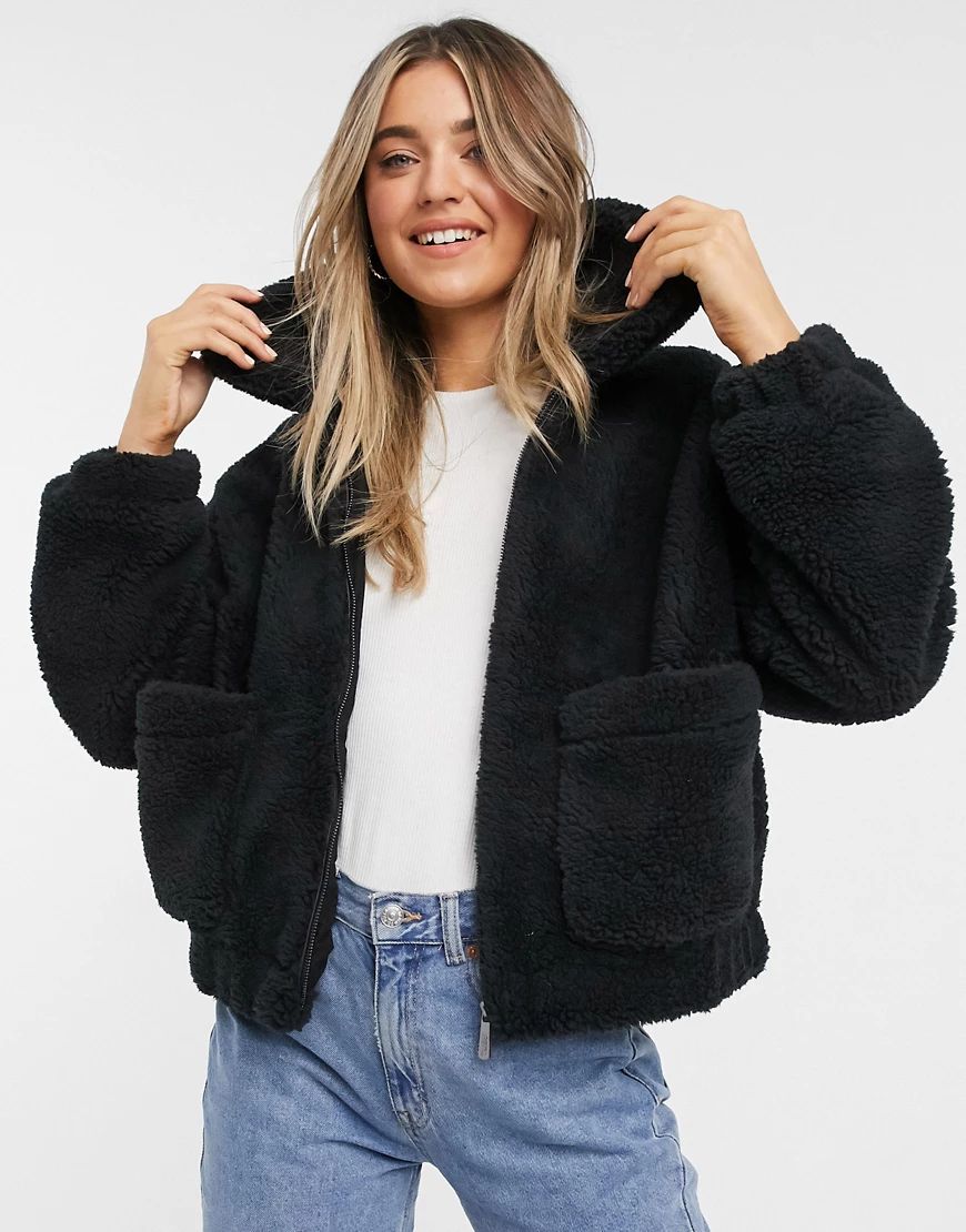 Pull&Bear teddy zip front jacket in black | ASOS (Global)