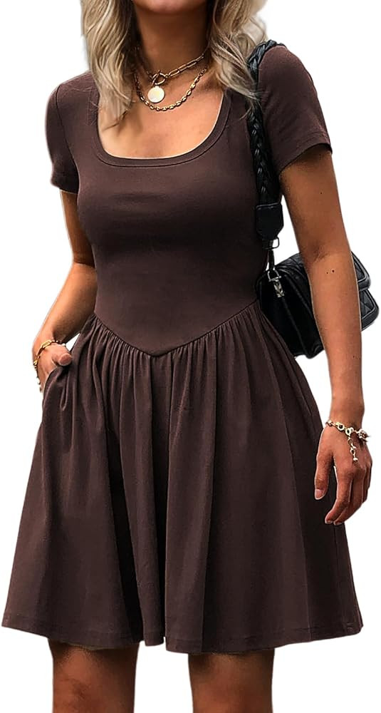 Mieazom Women's Summer Casual Short Sleeve Mini Dress Square Neck A Line Pleated Swing Dresses Ba... | Amazon (US)