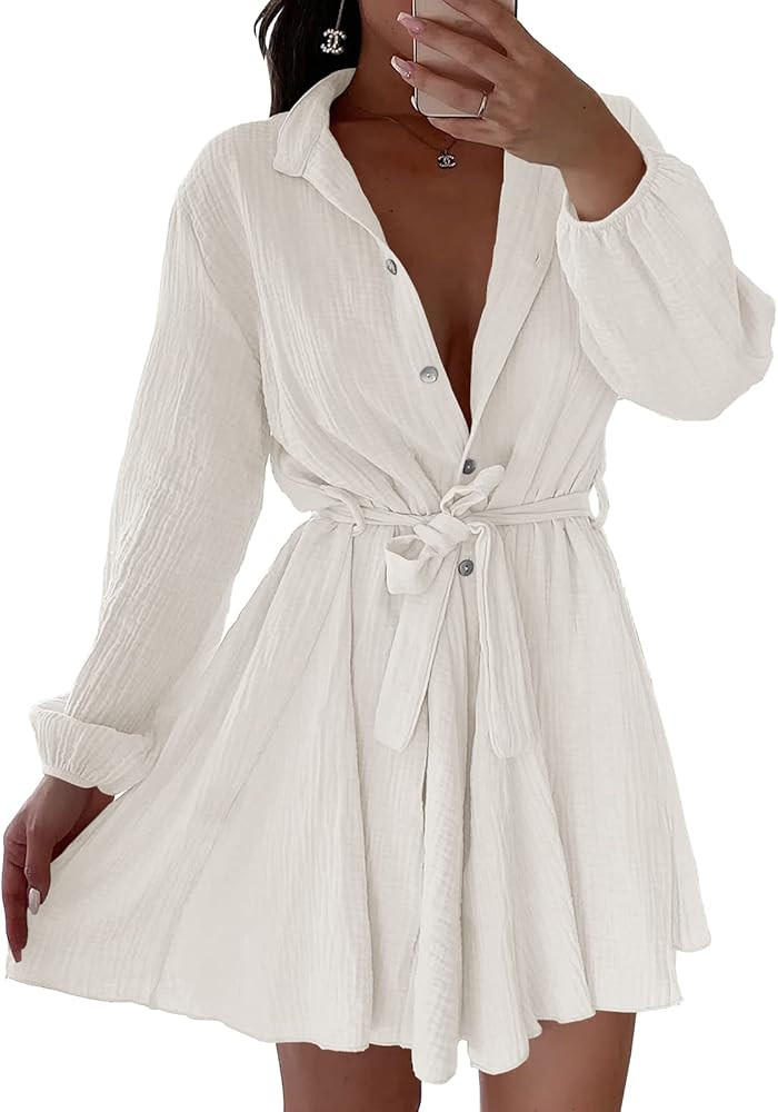 Foshow Womens Button Down V Neck Dresses Tunic Tie Waist Swing Mini Dress Casual Solid Long Sleev... | Amazon (US)
