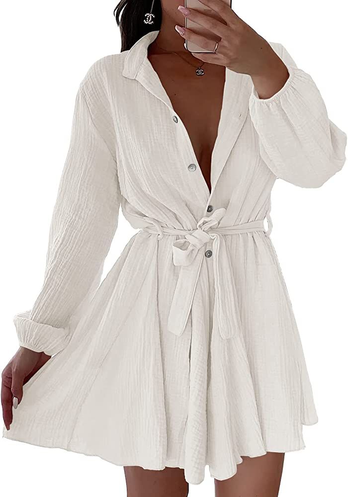 Foshow Womens Button Down V Neck Dresses Tunic Tie Waist Swing Mini Dress Casual Solid Long Sleev... | Amazon (US)