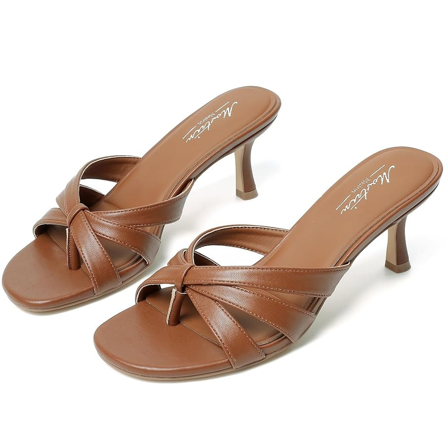 Mostrin Strappy Kitten Heels for Women Round Open Toe Flip Flops Slip On Mules Heels Fashion Thon... | Amazon (US)