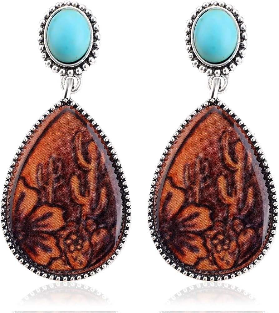 Western Outfit Earrings for Women, Brown Turquoise Western Outfit Oval Silver Earrings Teardrop S... | Amazon (US)