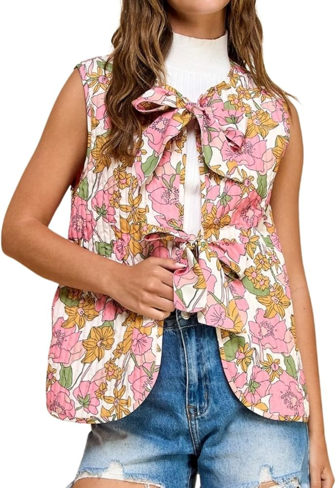 Women Lightweight Floral Printed Vest Sleeveless Padded Gilet Quilted Puffer Coat Bow Tie Open Fr... | Amazon (US)