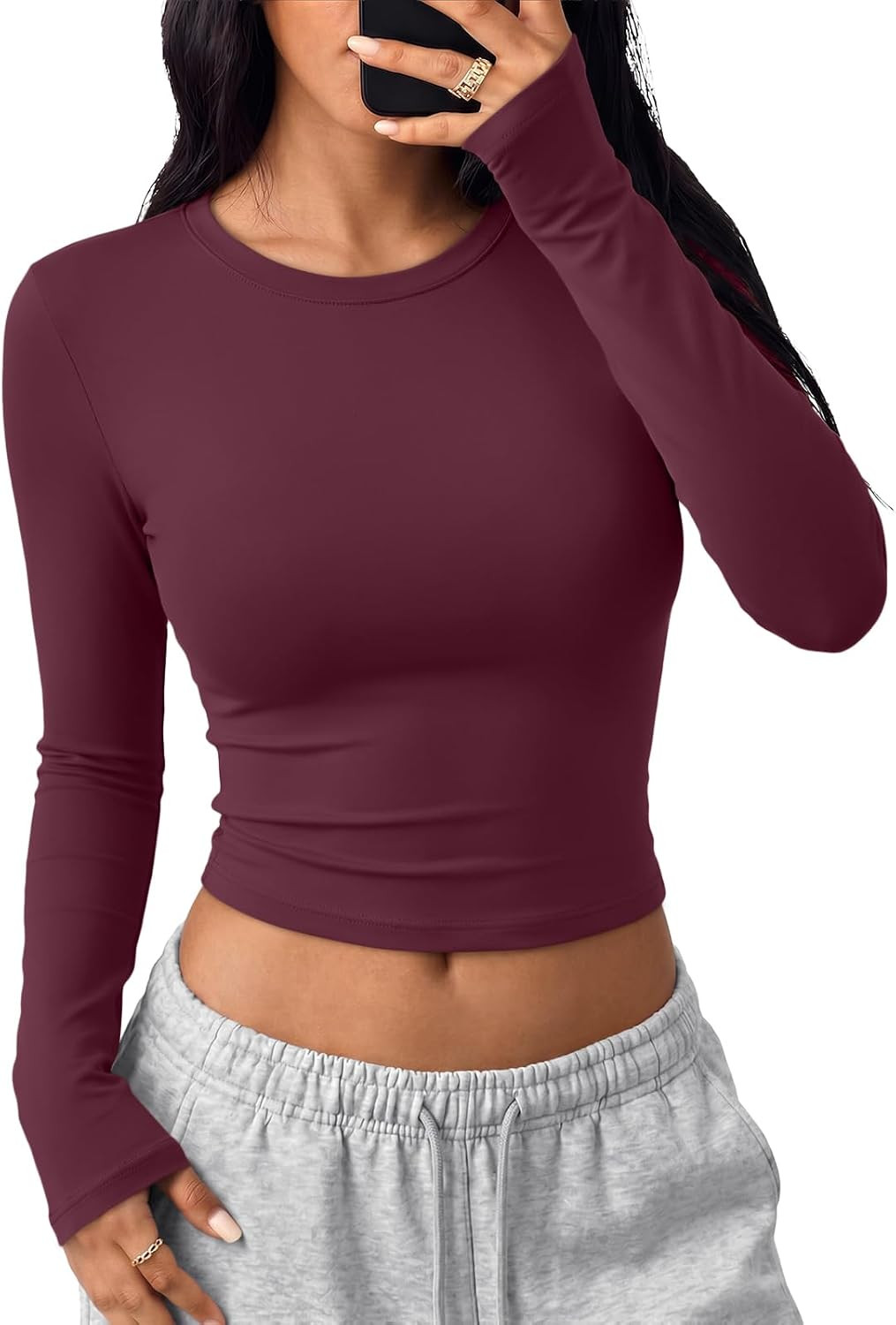 Trendy Queen Womens Long Sleeve Crop Tops Y2K Basic Shirts | Amazon (US)