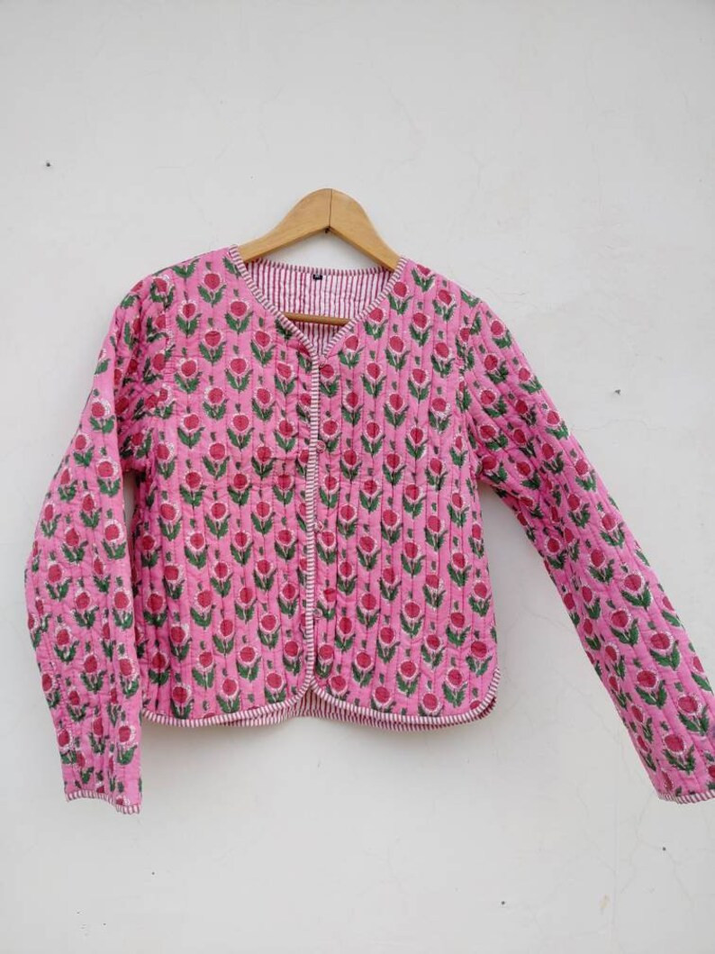 Indian HandBlock Print Fabric Quilted Jacket Short kimono Women Wear New Style Pink Flower Coat | Etsy (US)