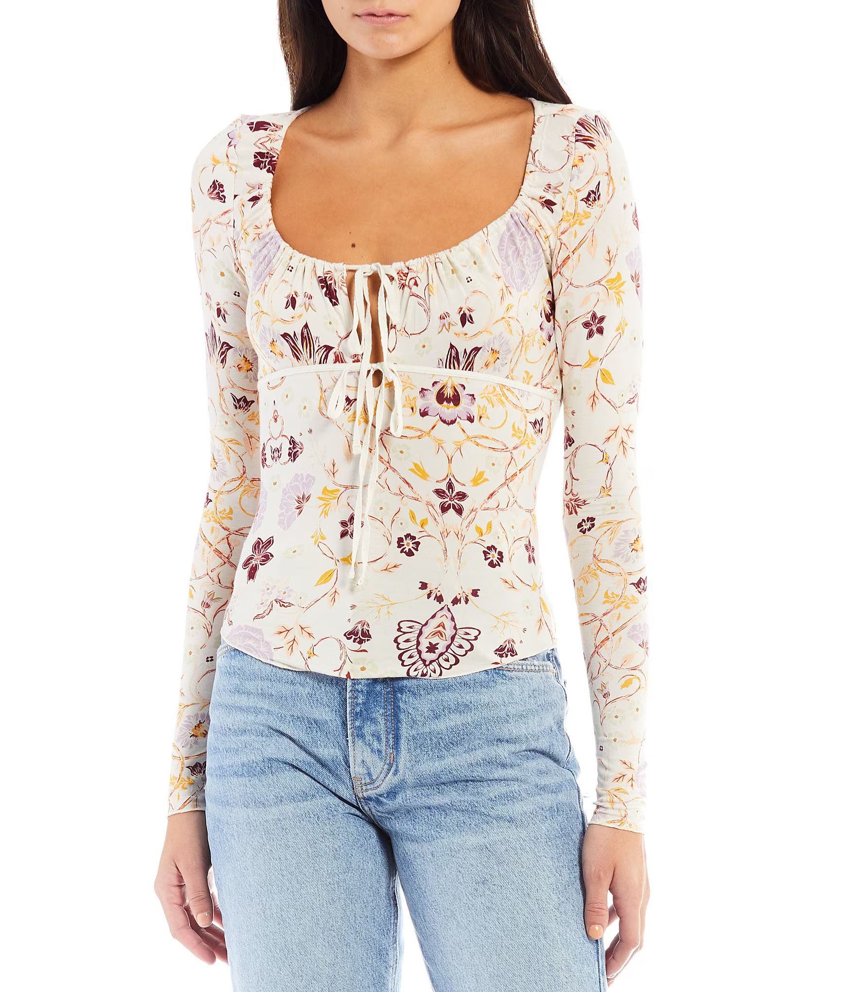 Make It Easy Floral Print Drawstring Cut Out Tie Scoop Neck Long Sleeve Top | Dillards