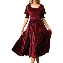 R.Vivimos Womens Fall Winter Velvet Dress Puff Sleeve Square Neck Smocked Tiered Ruffle A-Line Fl... | Amazon (US)