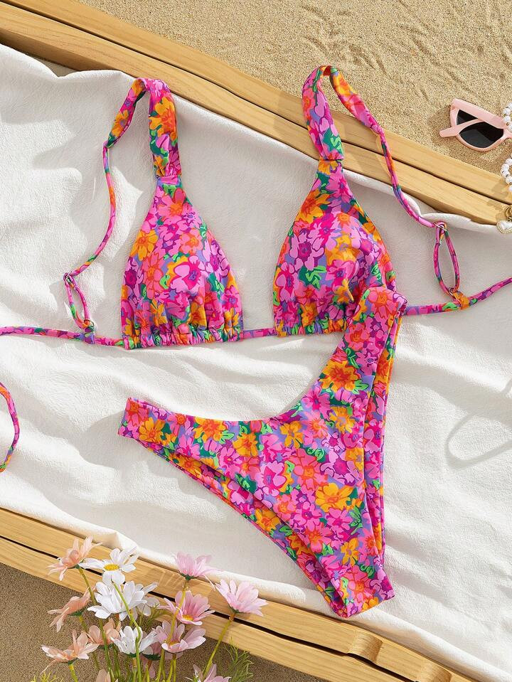 Swim Mod Sexy Ditsy Floral Backless Spaghetti Strap Triangle Cup Bikini Set, Ideal For Summer Holiday | SHEIN