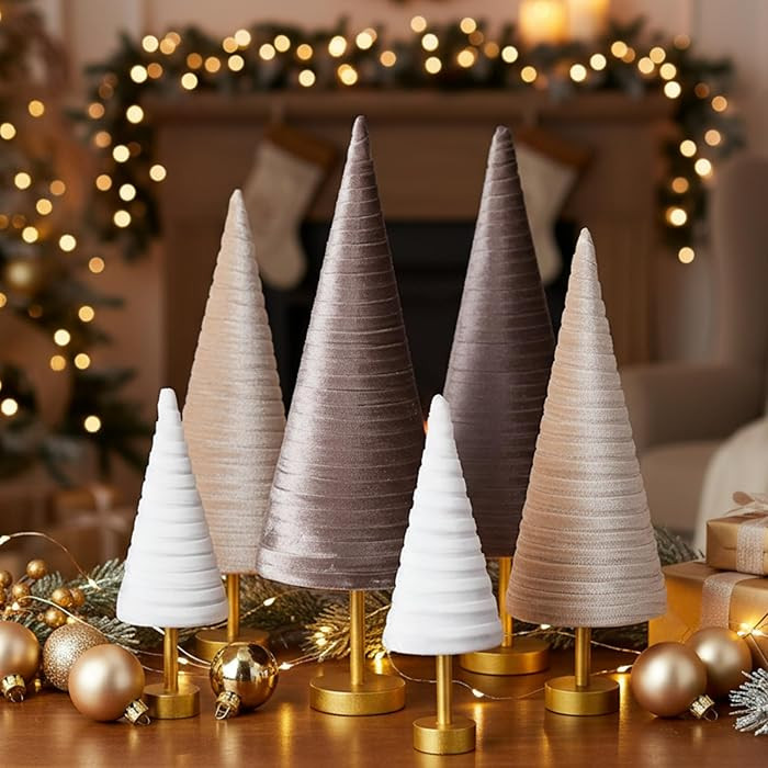 Hoolerry 6 Pcs Christmas Velvet Trees with Gold Pedestal Christmas Velvet Cones Tree Mantel Decor... | Amazon (US)