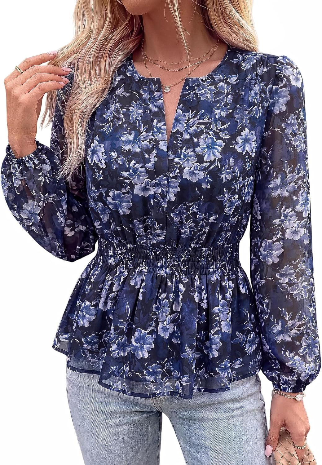 BTFBM Womens Tops Dressy Casual Floral V Neck Long Sleeve Chiffon Shirts | Amazon (US)