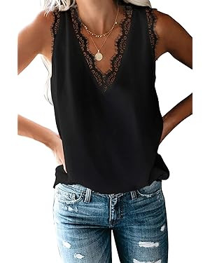 BLENCOT Women Lace Trim Tank Tops V Neck Fashion Casual Sleeveless Blouse Vest Shirts | Amazon (US)