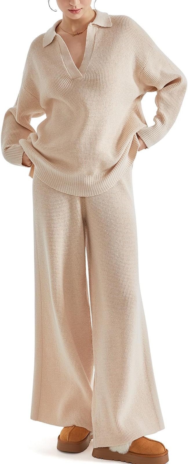 SUUKSESS Women 2 piece Fall outfits Matching Lounge Set Waffle Knit Sweater sets | Amazon (US)