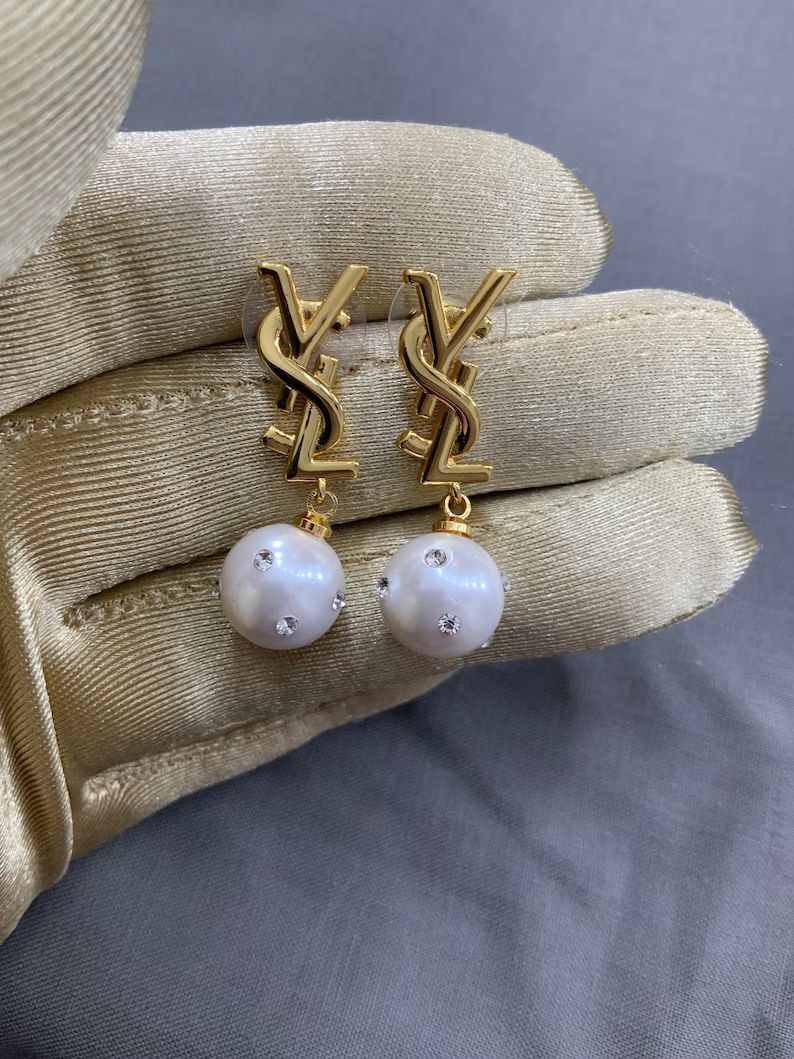 Vintage YSL Gold Crystal & Pearl dangling earrings | Etsy (US)