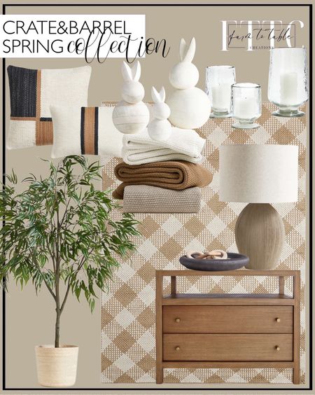 New Crate & Barrel Spring Finds. Follow @farmtotablecreations on Instagram for more inspiration.

Bergen Glass Hurricane Candle Holder. Alura Black Ceramic Decorative Centerpiece Bowl 16". Potted Faux Long Leaf Eucalyptus Tree 9'. Wood bunnies. Marble Bunny. Alura Medium Brown Ceramic Table Lamp. Procida Performance Handwoven White Indoor/Outdoor Area Rug 6'x9'. Lazio Woven Kilim Colorblock 20"x20" Ink Black and Brulee Brown Throw Pillow Cover. Lazio Woven Kilim Stripe 22"x15" Ink Black and Brulee Brown Throw Pillow Cover. Organic Cotton 80"x80" Camel Brown Chunky Knit Bed Throw Blanket. Keane Driftwood Charging Nightstand. Spring Collection. Spring Decor. 

#LTKfindsunder50 #LTKhome #LTKstyletip