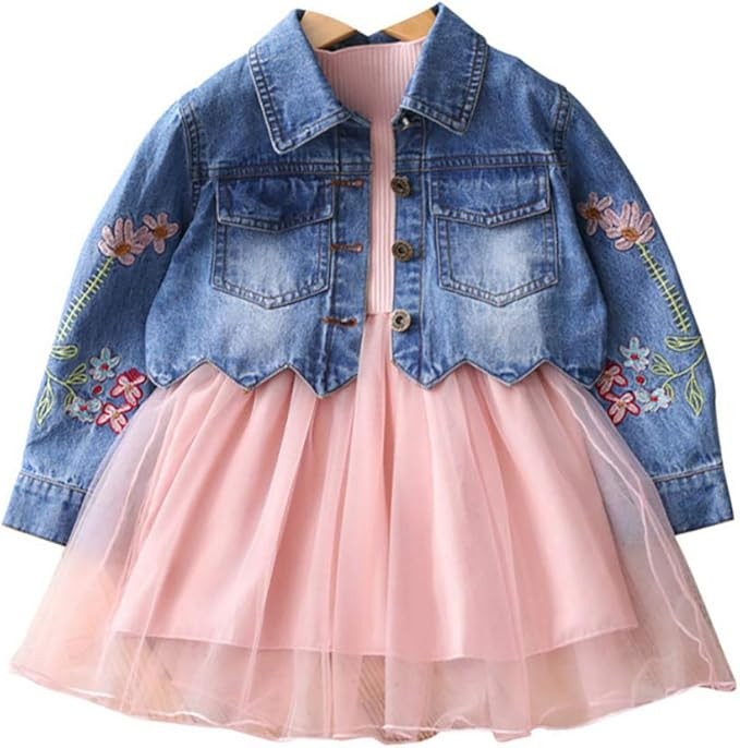 Spring Autumn Little Girls Clothing Set Child Kids Denim Jacket and Long Sleeve Dress 2 Pieces Se... | Amazon (US)