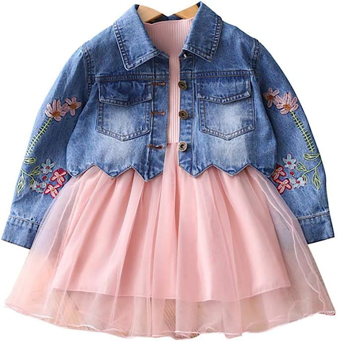 Spring Autumn Little Girls Clothing Set Child Kids Denim Jacket and Long Sleeve Dress 2 Pieces Se... | Amazon (US)