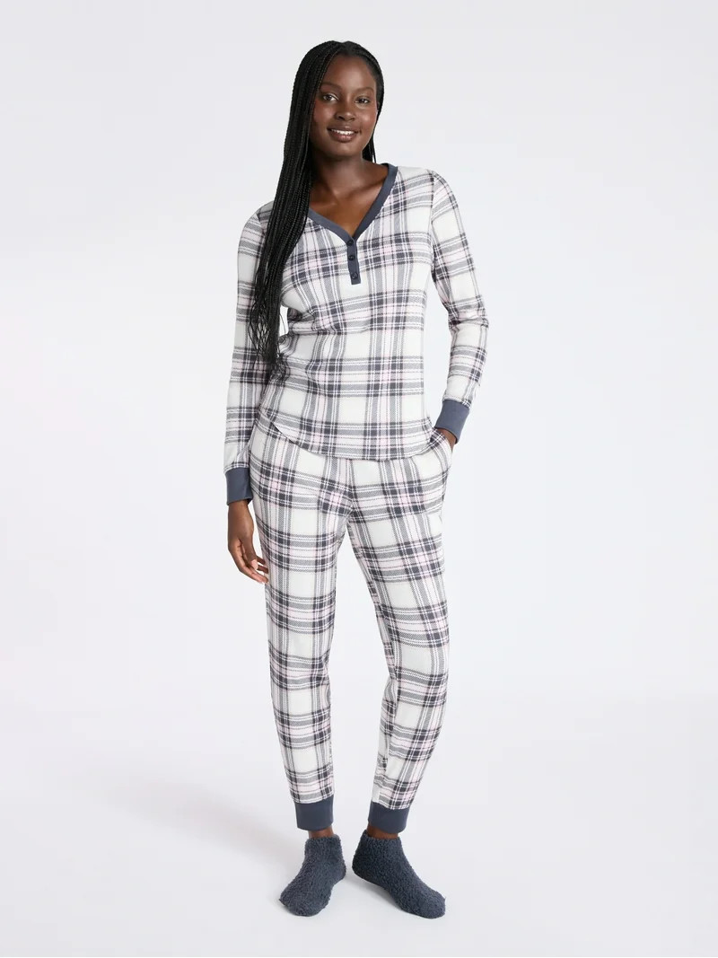 Joyspun Women's Waffle Knit Henley Sleep Top, Joggers and Socks Pajama Set, 3-Piece, Sizes XS-3X | Walmart (US)