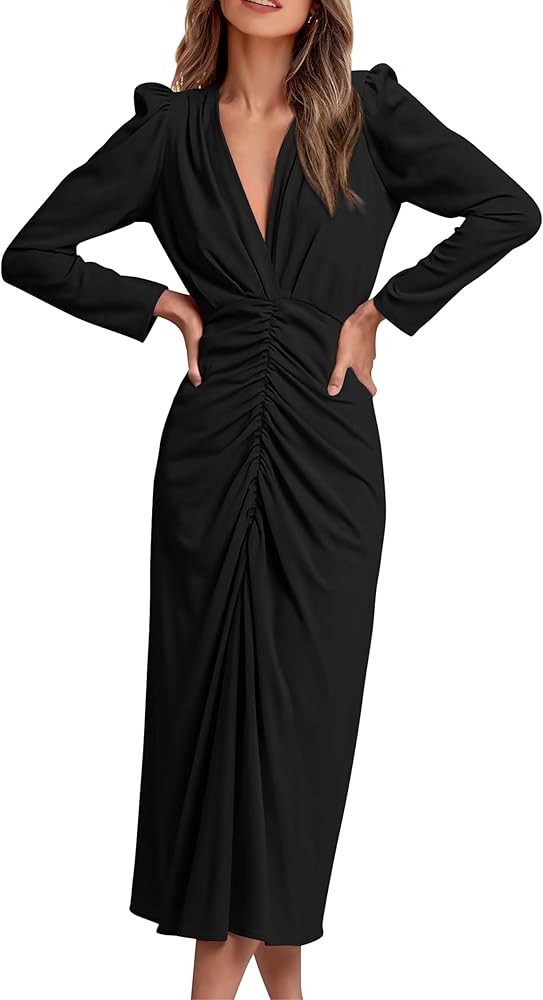 PRETTYGARDEN Women's 2024 Fall Maxi Dress Long Sleeve Deep V Neck Ruched Slit Casual Formal Elega... | Amazon (US)