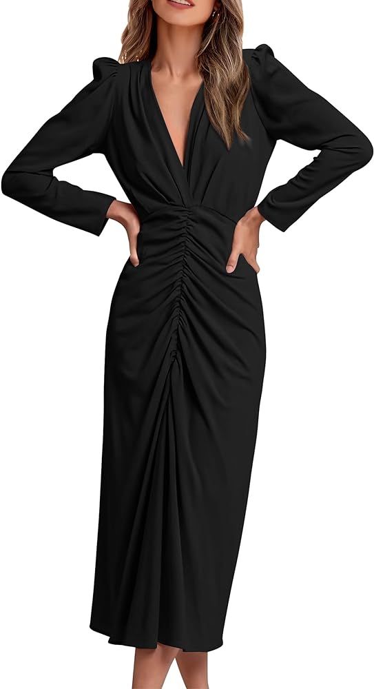 PRETTYGARDEN Women's 2024 Fall Maxi Dress Long Sleeve Deep V Neck Ruched Slit Casual Formal Elega... | Amazon (US)