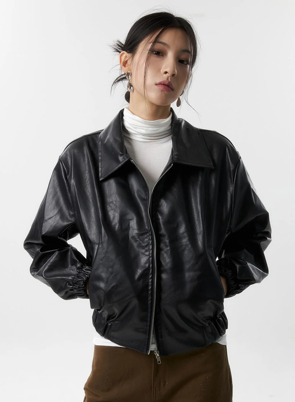 Faux Leather Bomber Jacket IS320 | Lewkin