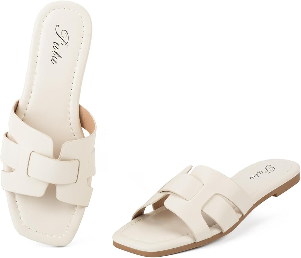 Putu Women's Flat Sandals Dressy Summer Sandals H-Band Slides with Square Open Toe | Amazon (US)
