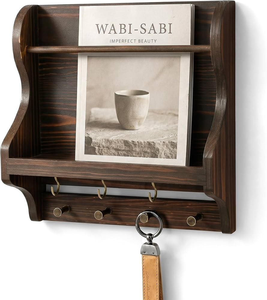 Pine Wood Mail Organizer Wall Mount with 7 Hooks Entryway, Vintage Brown | Amazon (US)
