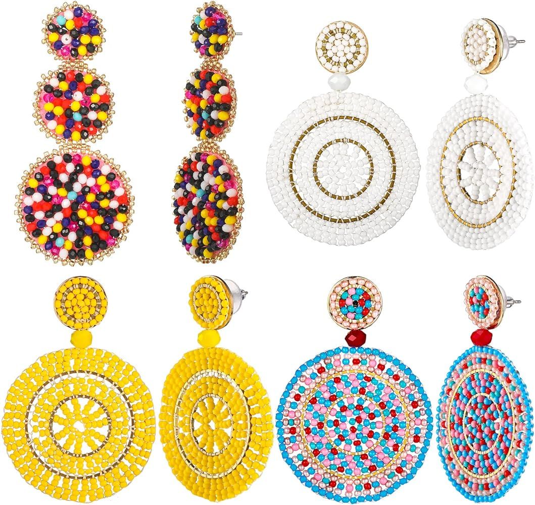 4 Pairs Beaded Drop Round Earrings Bohemian Seed Beaded Dangle Earrings for Women Handmade Colorful  | Amazon (US)