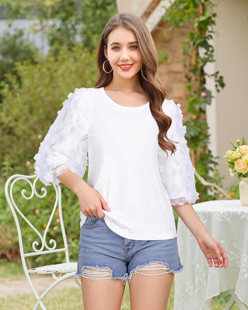 Women Blouses Summe Casual Crew Neck Cotton Tshirts 3/4 Puff Sleeve with Mesh Appliques Fall Tops... | Amazon (US)